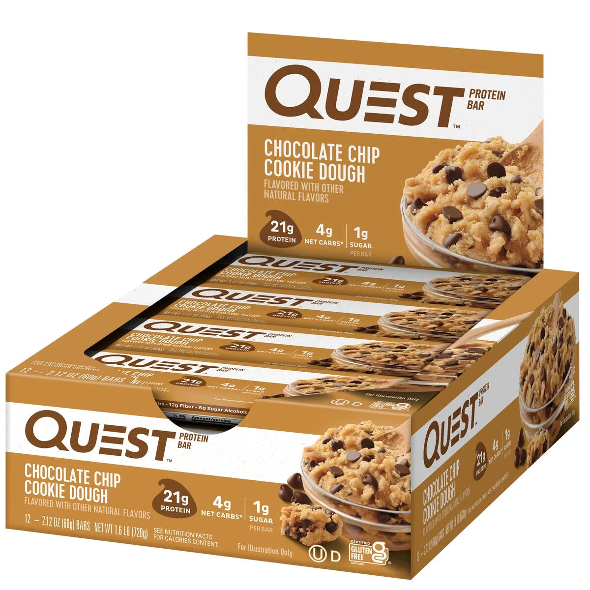 Quest Protein Bar, Chocolate Chip Cookie Dough, 21G Protein, Gluten Free, 12 Count