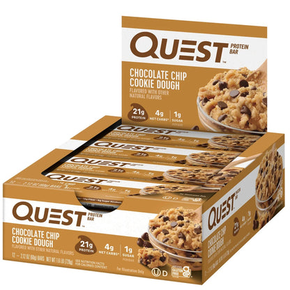 Quest Protein Bar, Chocolate Chip Cookie Dough, 21G Protein, Gluten Free, 12 Count