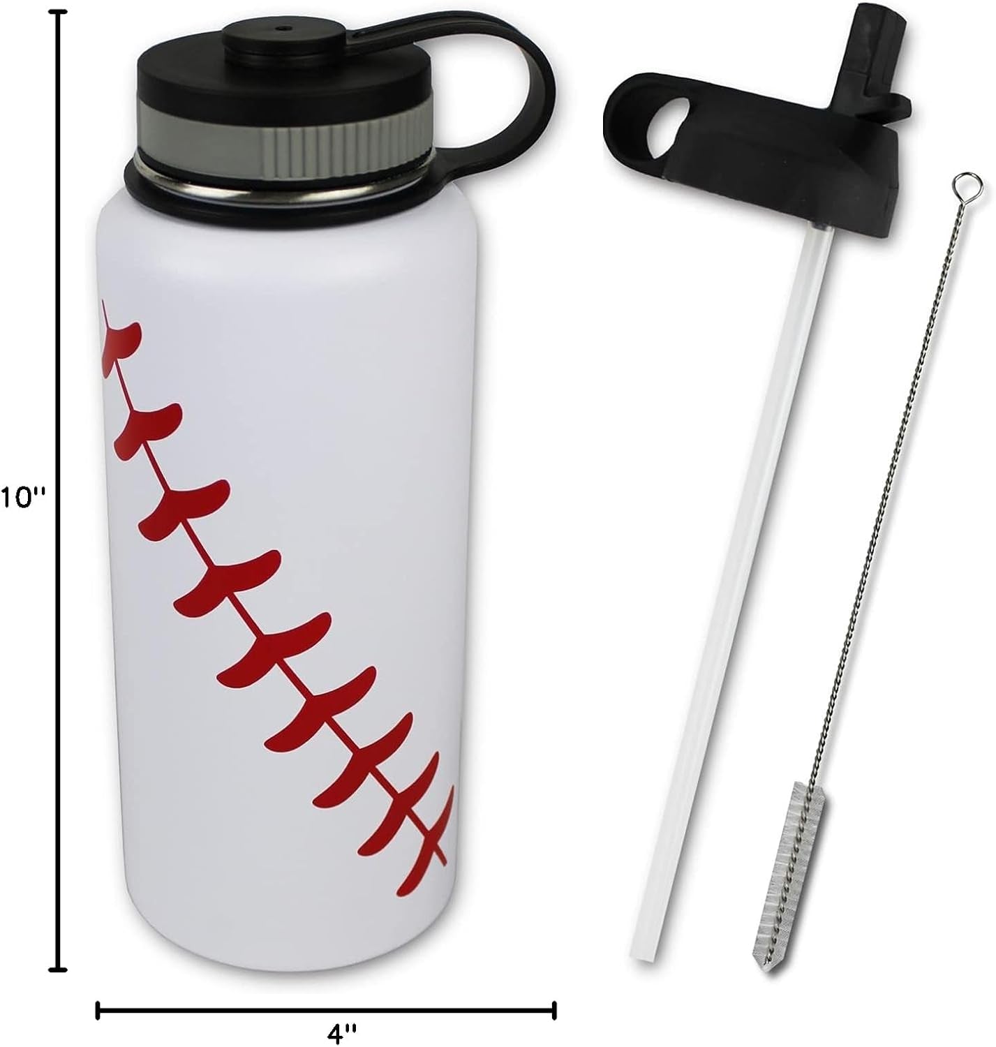 Water Bottle Baseball STRAW LID Tumbler 32 Oz Gift for Mom Men Flask Sports Travel Waterbottle, Stainless Steel, Vacuum Insulated, Water Cold for 24, Hot for 12 Hours (Baseball Straw Lid)