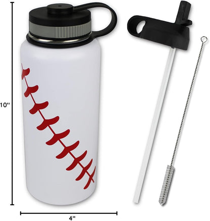 Water Bottle Baseball STRAW LID Tumbler 32 Oz Gift for Mom Men Flask Sports Travel Waterbottle, Stainless Steel, Vacuum Insulated, Water Cold for 24, Hot for 12 Hours (Baseball Straw Lid)