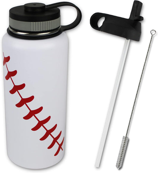 Water Bottle Baseball STRAW LID Tumbler 32 Oz Gift for Mom Men Flask Sports Travel Waterbottle, Stainless Steel, Vacuum Insulated, Water Cold for 24, Hot for 12 Hours (Baseball Straw Lid)