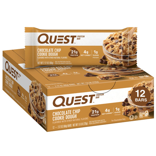 Quest Protein Bar, Chocolate Chip Cookie Dough, 21G Protein, Gluten Free, 12 Count