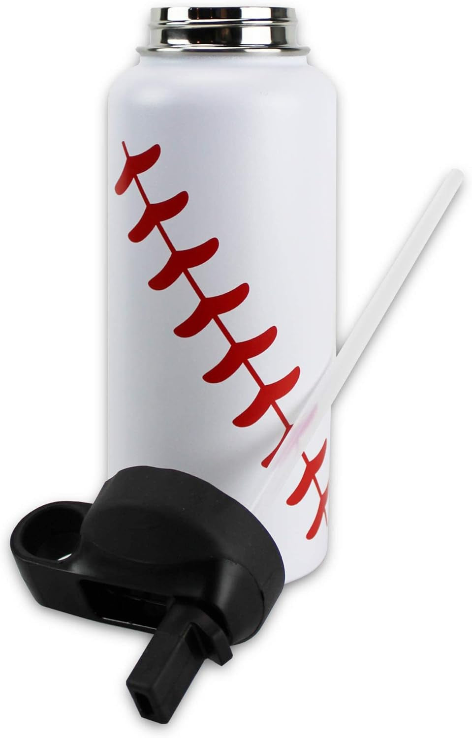 Water Bottle Baseball STRAW LID Tumbler 32 Oz Gift for Mom Men Flask Sports Travel Waterbottle, Stainless Steel, Vacuum Insulated, Water Cold for 24, Hot for 12 Hours (Baseball Straw Lid)