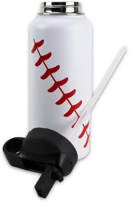 Water Bottle Baseball STRAW LID Tumbler 32 Oz Gift for Mom Men Flask Sports Travel Waterbottle, Stainless Steel, Vacuum Insulated, Water Cold for 24, Hot for 12 Hours (Baseball Straw Lid)