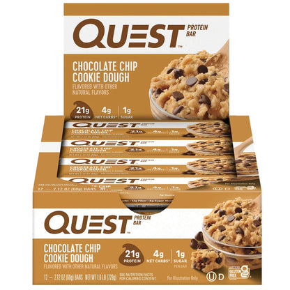 Quest Protein Bar, Chocolate Chip Cookie Dough, 21G Protein, Gluten Free, 12 Count