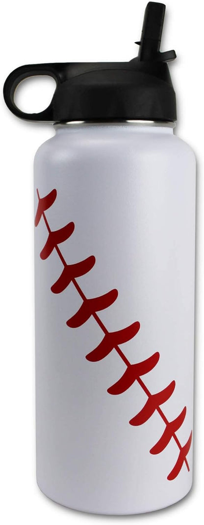 Water Bottle Baseball STRAW LID Tumbler 32 Oz Gift for Mom Men Flask Sports Travel Waterbottle, Stainless Steel, Vacuum Insulated, Water Cold for 24, Hot for 12 Hours (Baseball Straw Lid)
