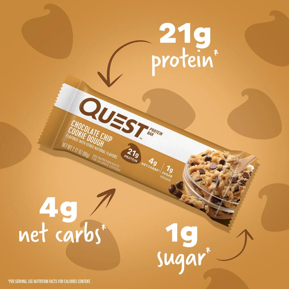Quest Protein Bar, Chocolate Chip Cookie Dough, 21G Protein, Gluten Free, 12 Count
